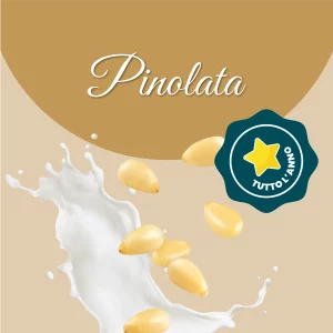 Si vede un'immagine che racchiude i principali ingredienti della pinolata: latte e pinoli