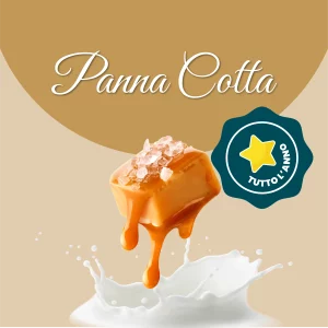 Si vede un'immagine che racchiude i principali ingredienti della panna cotta: latte e caramello salato