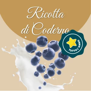 Si vede un'immagine che racchiude i principali ingredienti della ricotta di coderno: latte e mirtilli