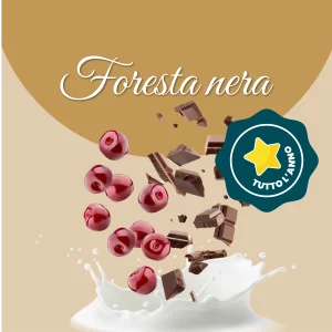 Si vede un'immagine che racchiude i principali ingredienti della foresta nera: latte, amarene e cioccolato
