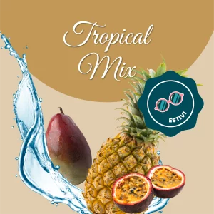 Si vede un'immagine che racchiude i principali ingredienti del tropical mix: acqua, mango, passion fruit e ananas