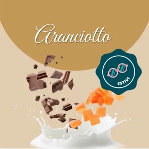 Si vede un'immagine che racchiude i principali ingredienti dell'aranciotto: latte, cioccolata e arancia candita