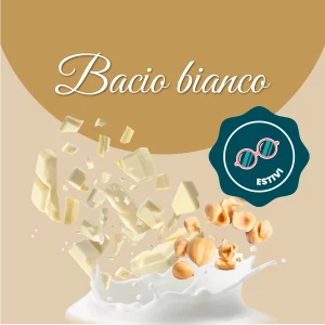 Si vede un'immagine che racchiude i principali ingredienti del bacio bianco: latte, cioccolato bianco e nocciole.
