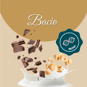 Si vede un'immagine che racchiude i principali ingredienti del bacio: latte, cioccolato e nocciole.